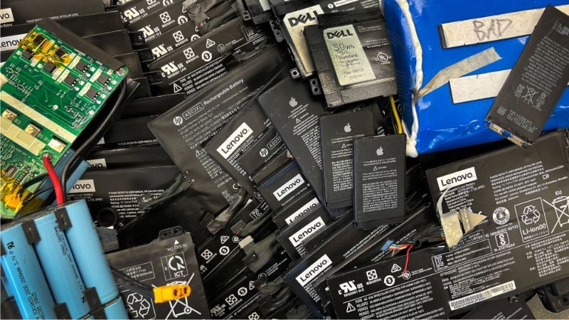 Piles lithium-ion jetées.