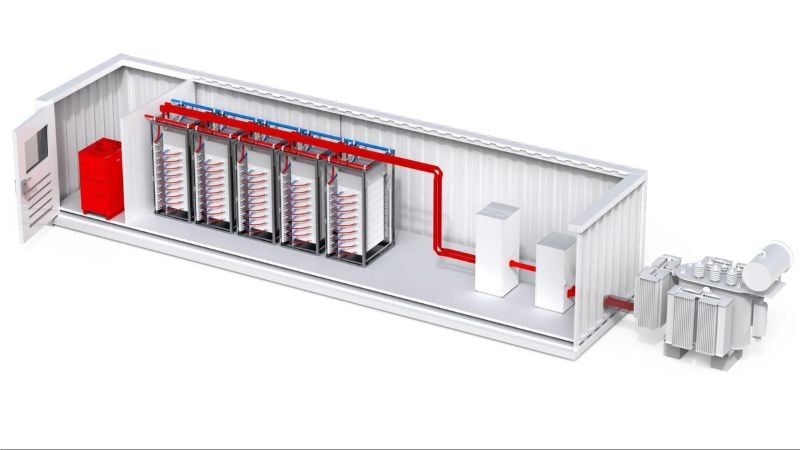 Rendu d'une installation de stockage d'énergie utilisant la technologie de refroidissement liquide pour intégrer un grand nombre de batteries dans une installation de conteneur.