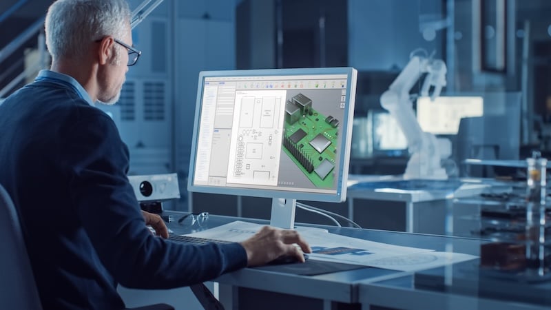 Un ingénieur travaille sur un ordinateur en utilisant un logiciel CAO pour concevoir un composant industriel 3D. En arrière-plan, concept de bras robotisé dans un établissement d'ingénierie de haute industrie. Vue par-dessus l'épaule